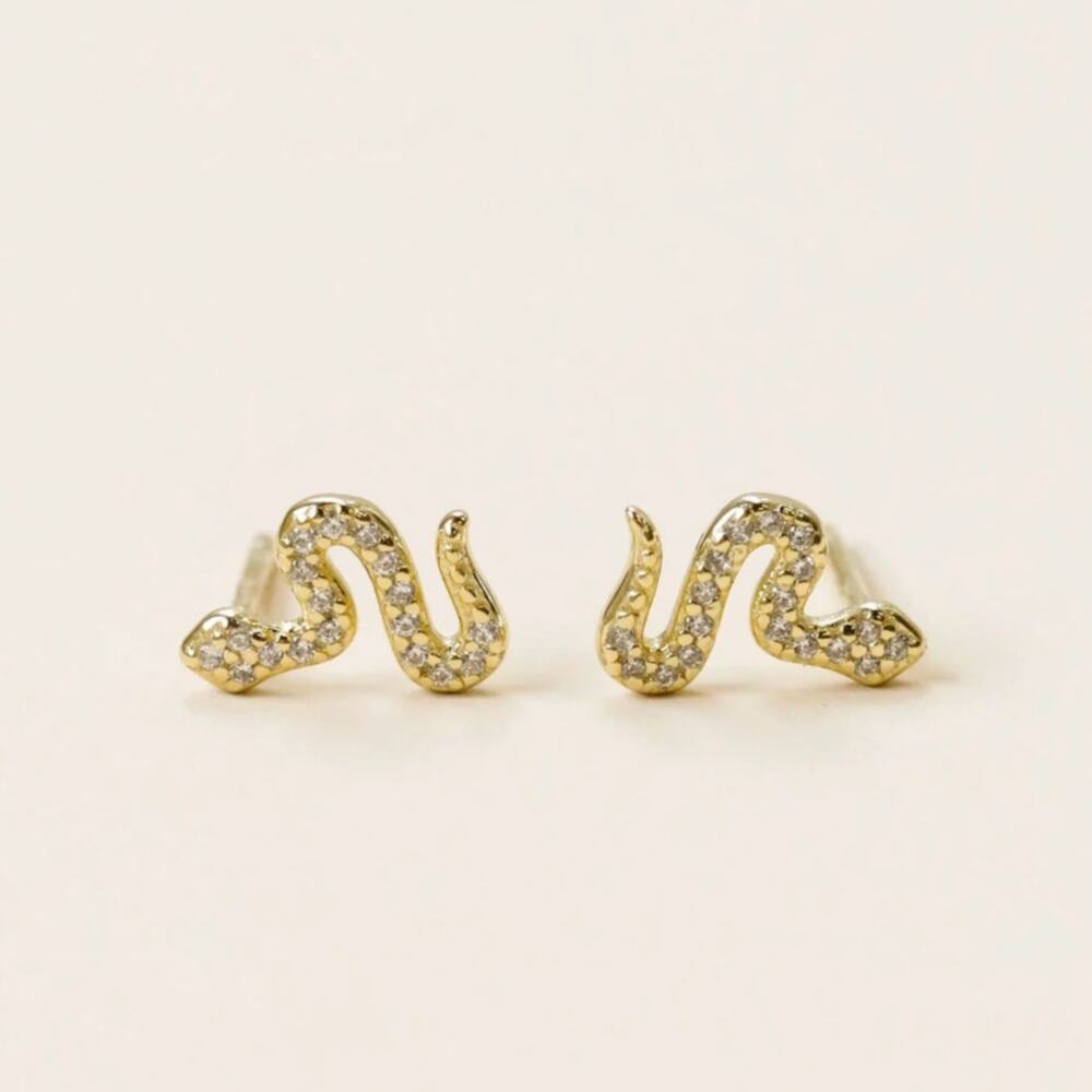 NEW 18kt Gold Plated White Handmade Snake Charm CZ Pave Stone Stud Earrings